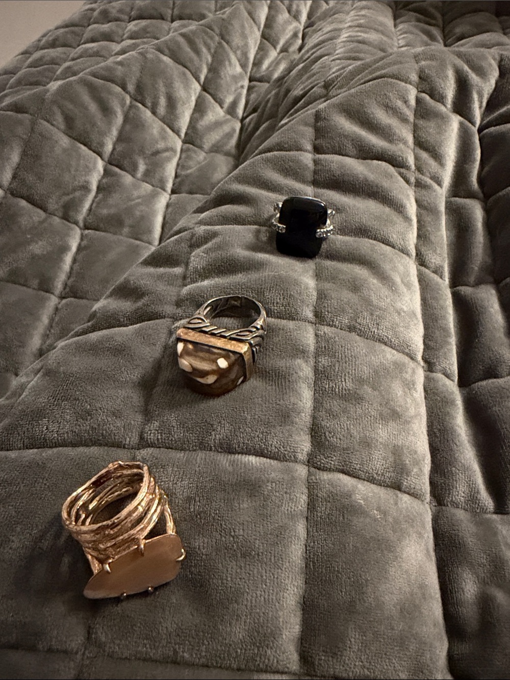 Set of Three Mixed Metal and Stone Statement Rings - Black, Brown, Gold